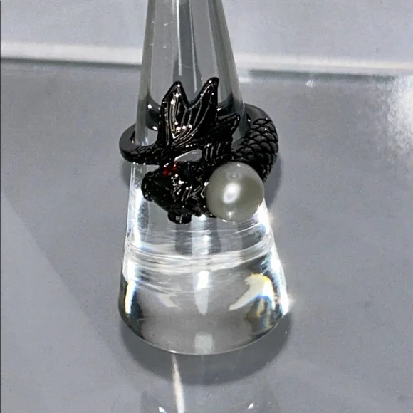 NWOT Gunmetal Plate Sterling Silver Koi Fish Ring With Genuine Pearl Boho - Picture 1 of 8